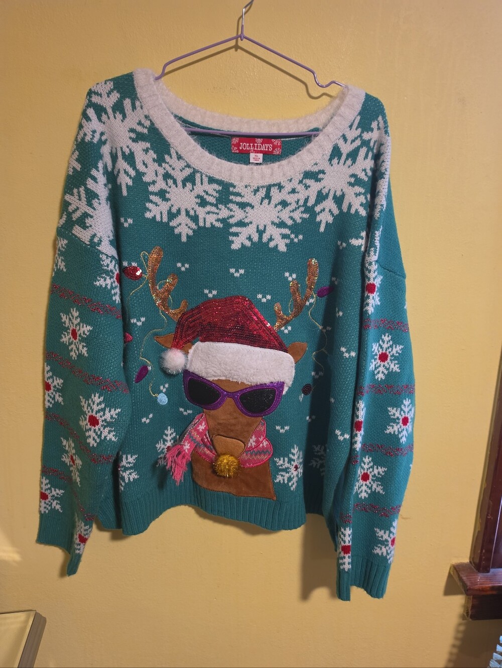 NWT Jollidays Juniors Size XL Ugly Christmas Sweater Reindeer Snowflakes Sequins